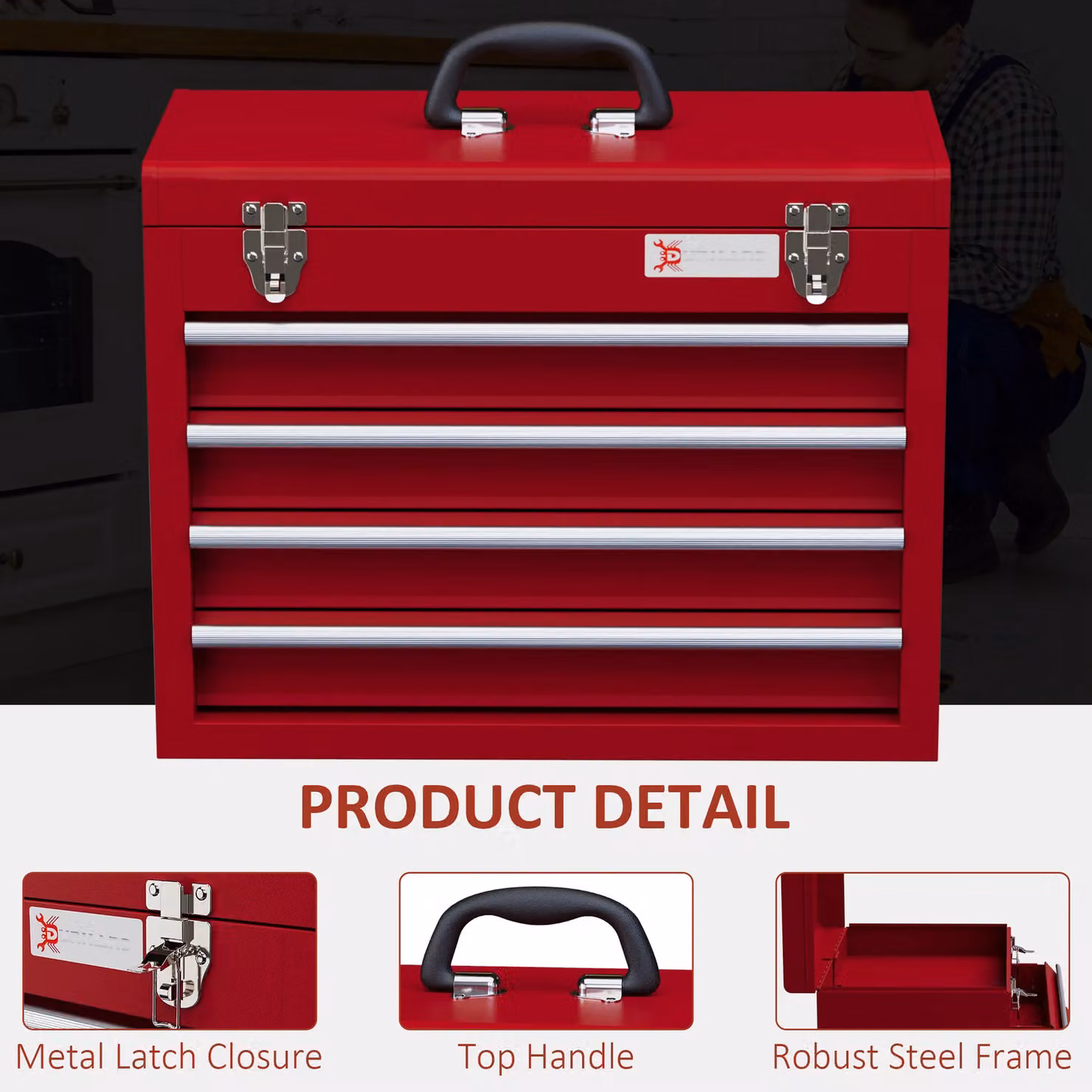 DURHAND Lockable Metal Tool Chest with Ball Bearing Slide Drawers, Red, W/D/H: 51.0 x 39.5 x 22.0 cm – 4