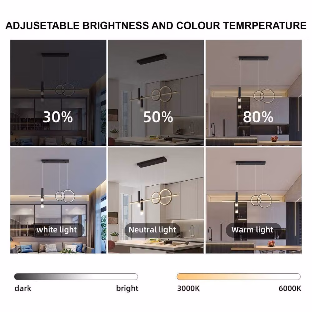 Garwarm Modern Black Geometric LED Ring Pendant Light with Remote Control and Dimmable Height Adjustment – 2
