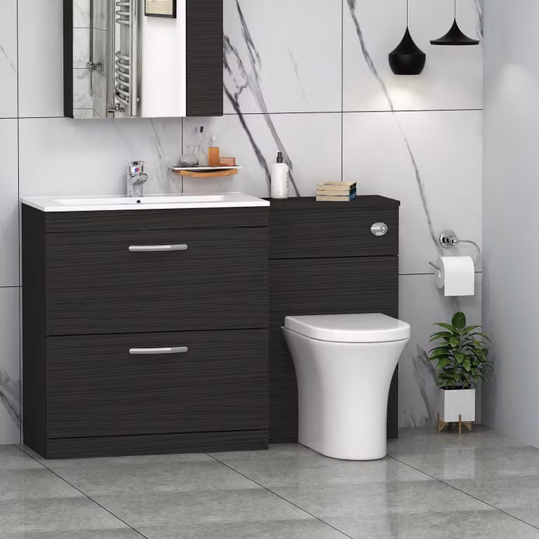 Royal Bathrooms Hale Black 2 Drawer Furniture Pack with Minimalist Basin and Breeze Back to Wall Toilet, W: 130 cm