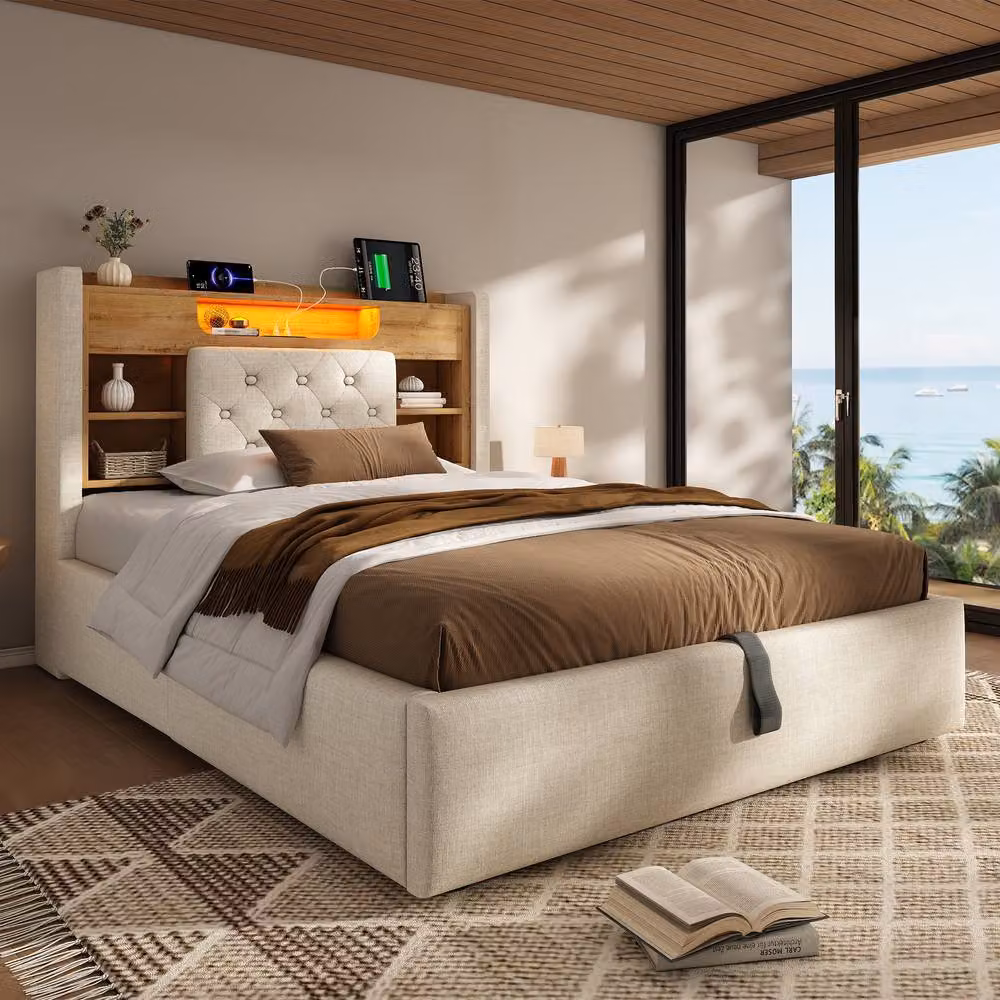 Matteo Upholstered Double Bed Frame in Beige with Hydraulic Storage, LED Lighting and USB Charging Ports, W/D/H: 135 x 190 cm – 6