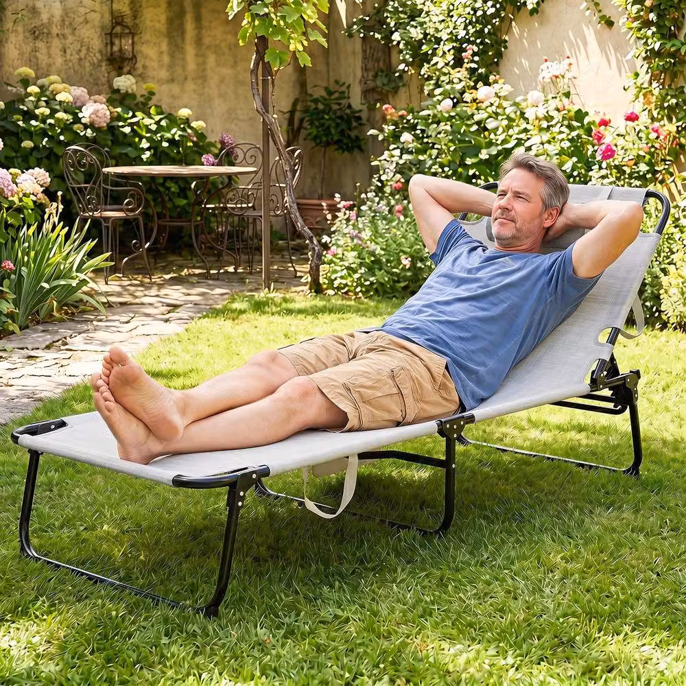 Gymax Folding Sun Lounger with Storage Pocket in Grey – 3