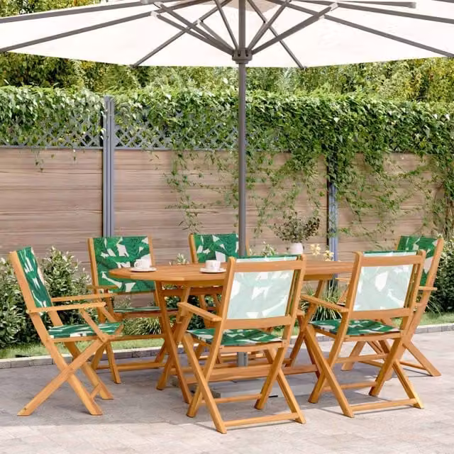 Berkfield Home Set of 6 Folding Garden Chairs in Green Fabric and Lacquered Acacia Wood