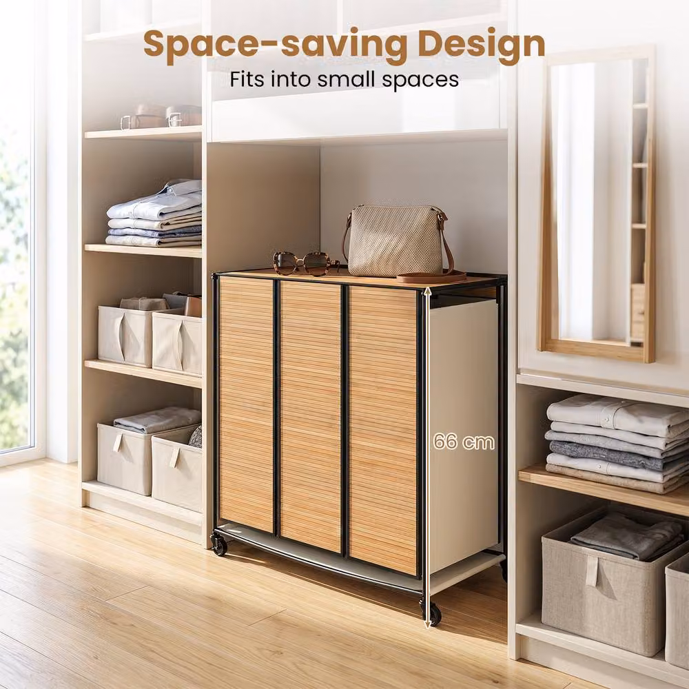 Costway 81L Bamboo 3-Section Rolling Laundry Hamper Sorter with Lid in Natural Brown – 5