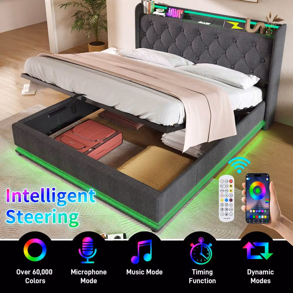 BTM White Upholstered Double Ottoman Storage Bed with 360 Surround LED Lighting and USB Charging Port, W/D/H: 140 x 200 x 48 cm – 7