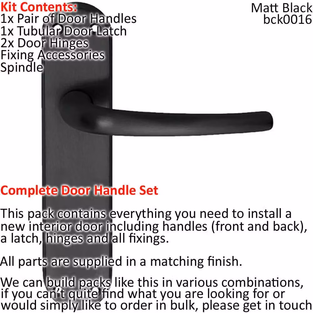 Loops Matt Black Curved Round Lever Door Handle and Latch Pack with Slim Curved Backplate – 1