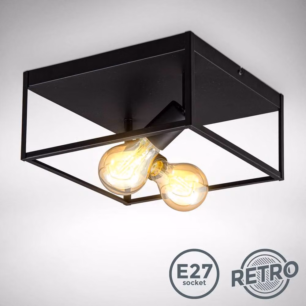 B.K.Licht Black Metal Industrial Cage Ceiling Light with 2 x E27 Sockets, W/D/H: 29 x 29 x 14 cm – 2