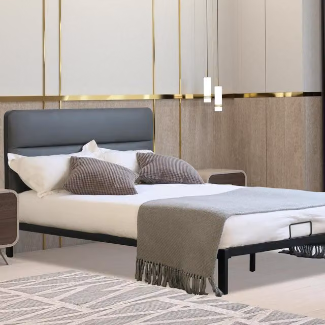 Comfy Living Modern Metal Bedframe with Grey Faux Leather Headboard