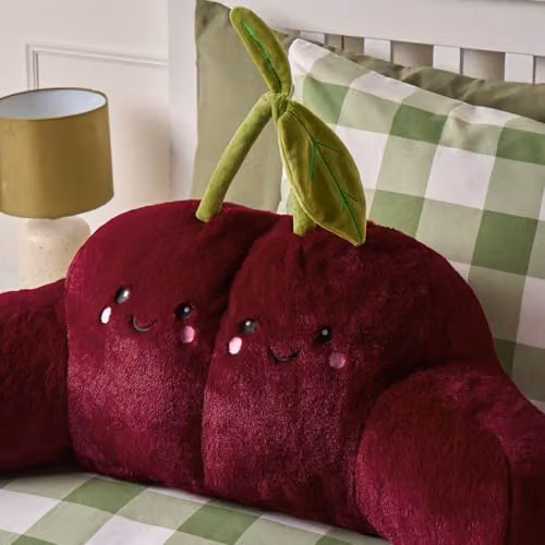OHS Cherry Character Cuddle Cushion in Red, Soft Teddy Fleece Reading Pillow with Hollow Fibre Filling, W/D/H: 70 x 70 x 45 cm – 3