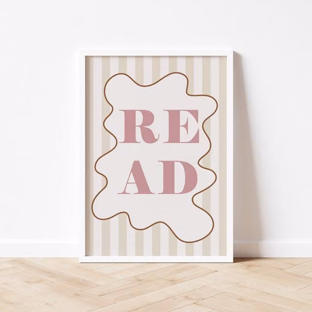 Autumns Corner Read Print Stripy Edition in Dusky Pink and Hessian, A2 – 1