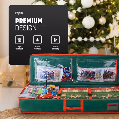 Keplin Green Christmas Wrapping Paper and Decoration Storage Bag, Foldable Fabric Organizer with Handles – 6