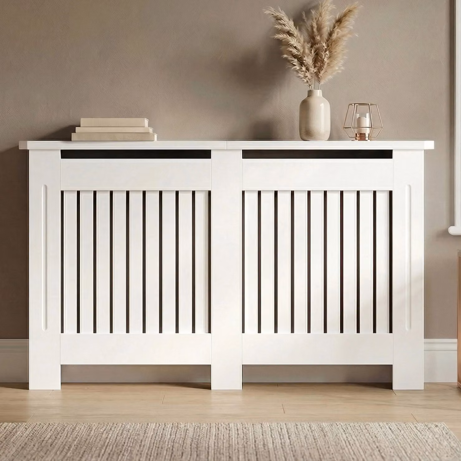 DHS Chelsea White Radiator Cover with Vertical Wooden Slats in Matt Finish