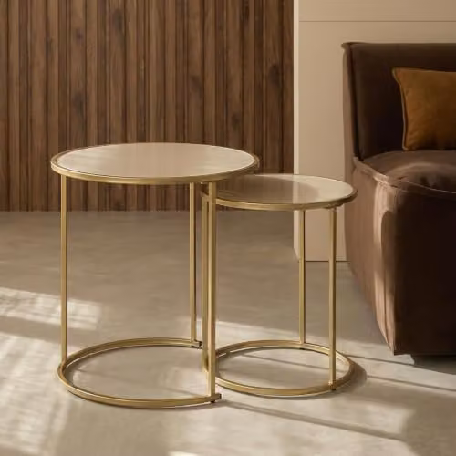 OHS Modern Round Nest of 2 Side Tables in Brown, Gold and Beige – 1