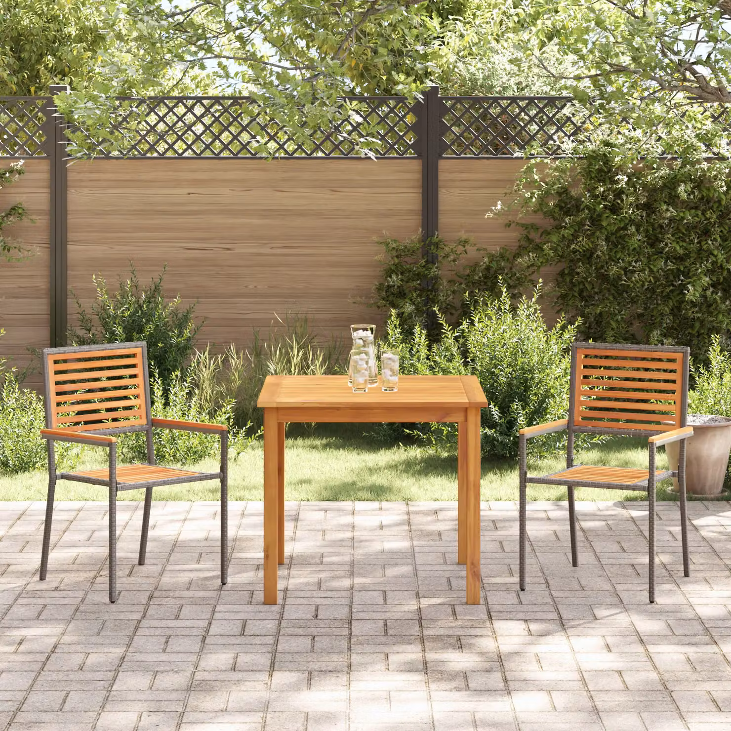 Berkfield Home 3 Piece Grey Poly Rattan and Acacia Wood Garden Dining Set – 3