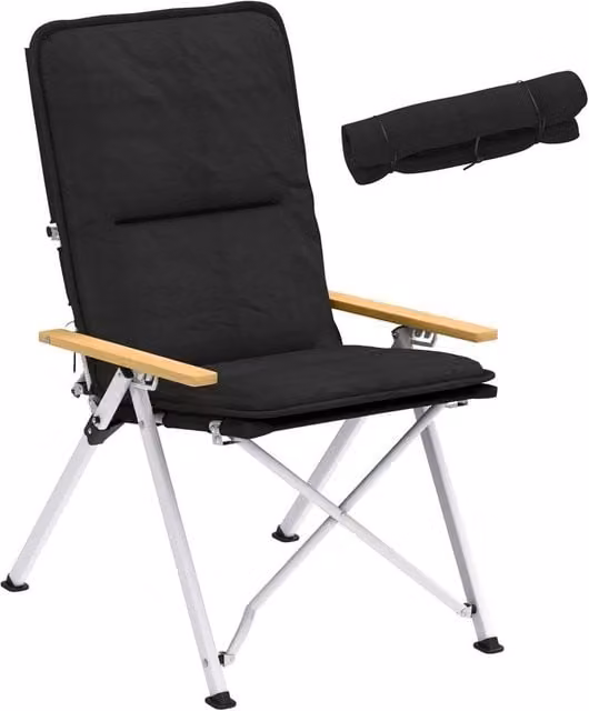 VOGREX Black Padded High Back Folding Recliner Outdoor Camp Chair with Armrests and Carry Bag