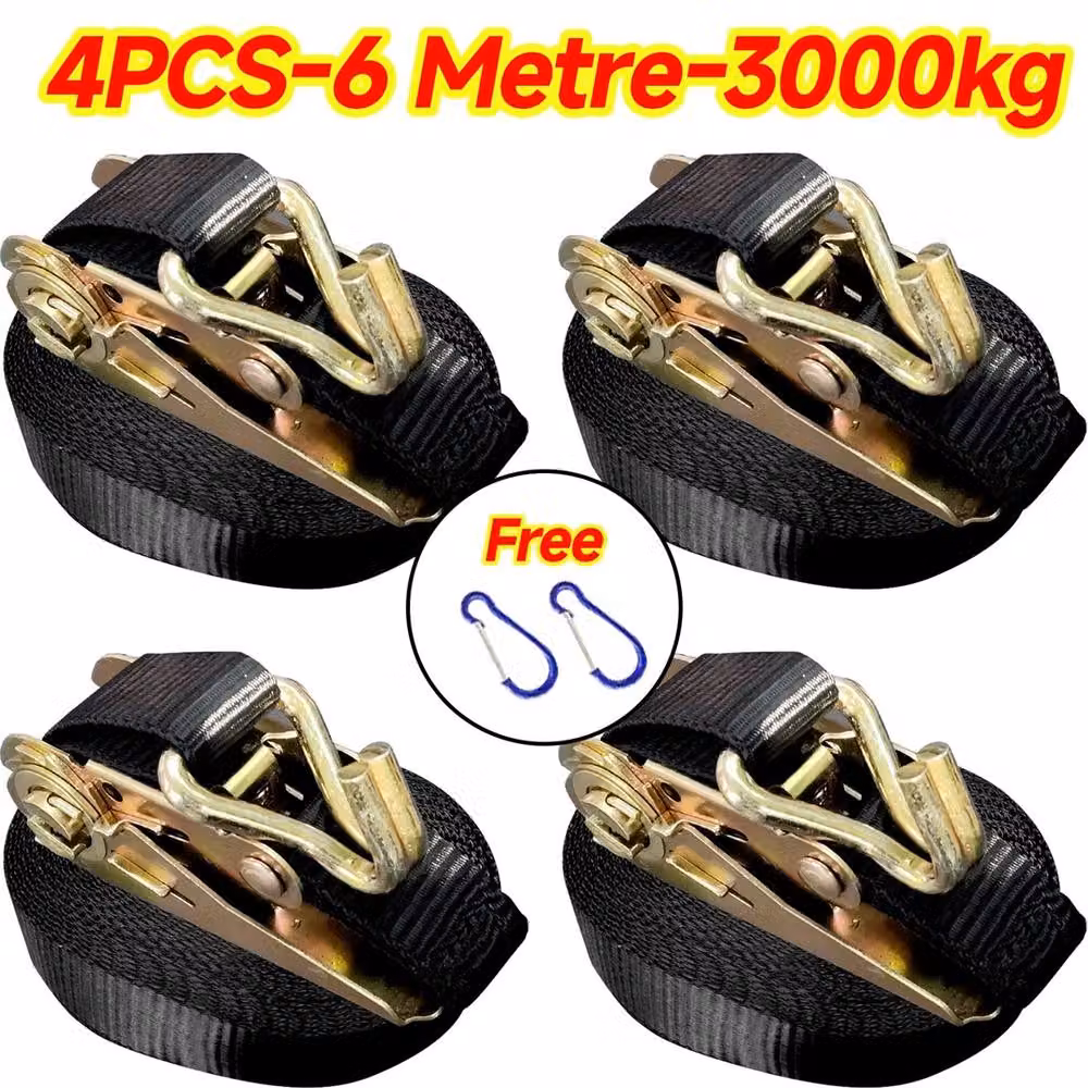 SPETLEK Black Ratchet Tie Down Straps, 4 Pack, 25mm x 6m, 3000kg Capacity – 3