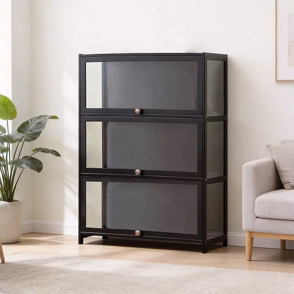 FORGEVIO 3-Tier Black Bamboo and Acrylic Storage Display Cabinet with Glass Doors – 2