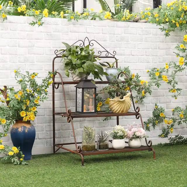 Outsunny 3 Tier Metal Ladder Plant Stand in Matt Brown