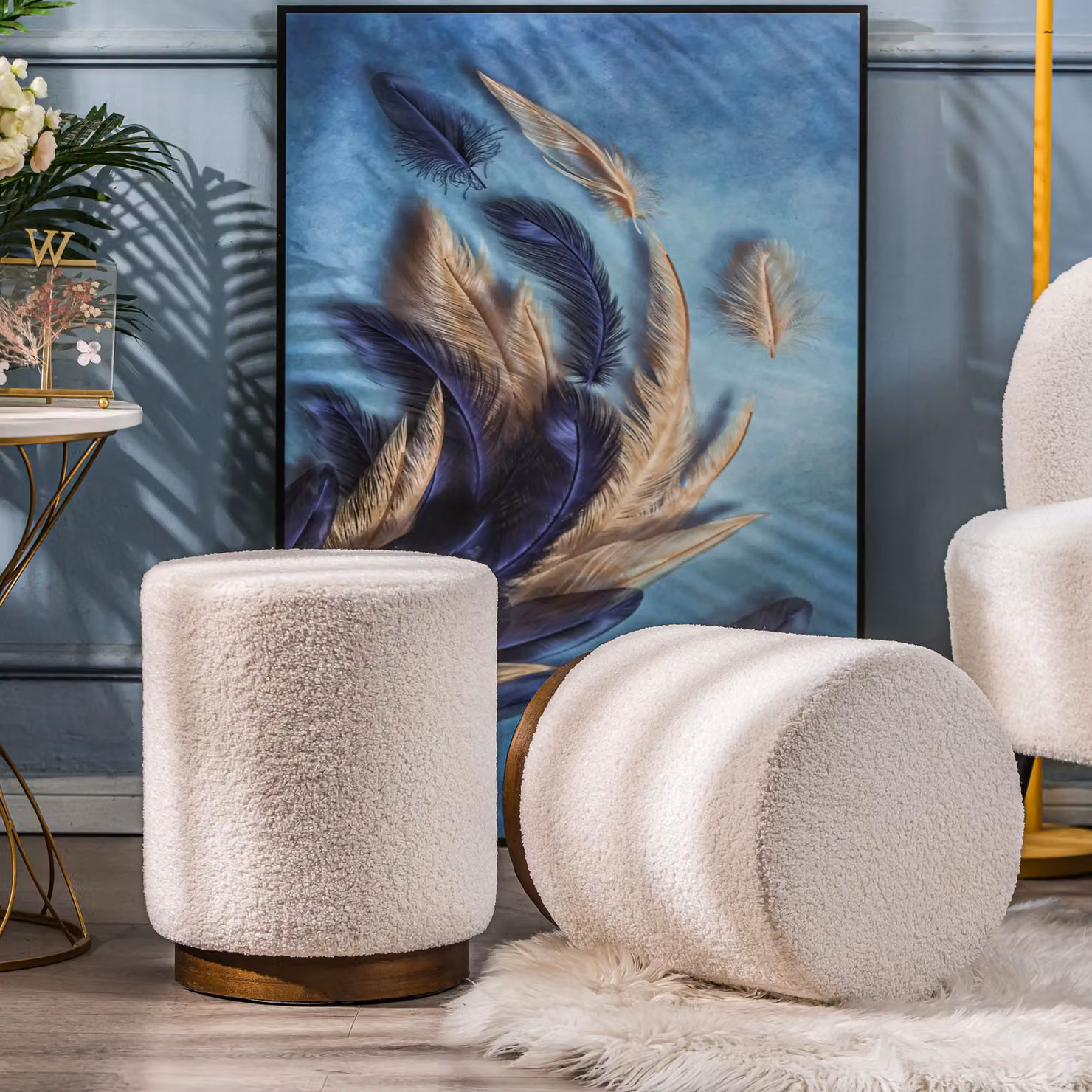 Nordlys White Bouclé Cylindrical Living Room Pouf with Brown Wooden Base – 3