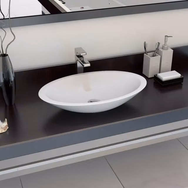 Berkfield Home Oval Mineral Cast Countertop Wash Basin, White, W: 59.3 cm, D: 35.1 cm, H: 10.7 cm