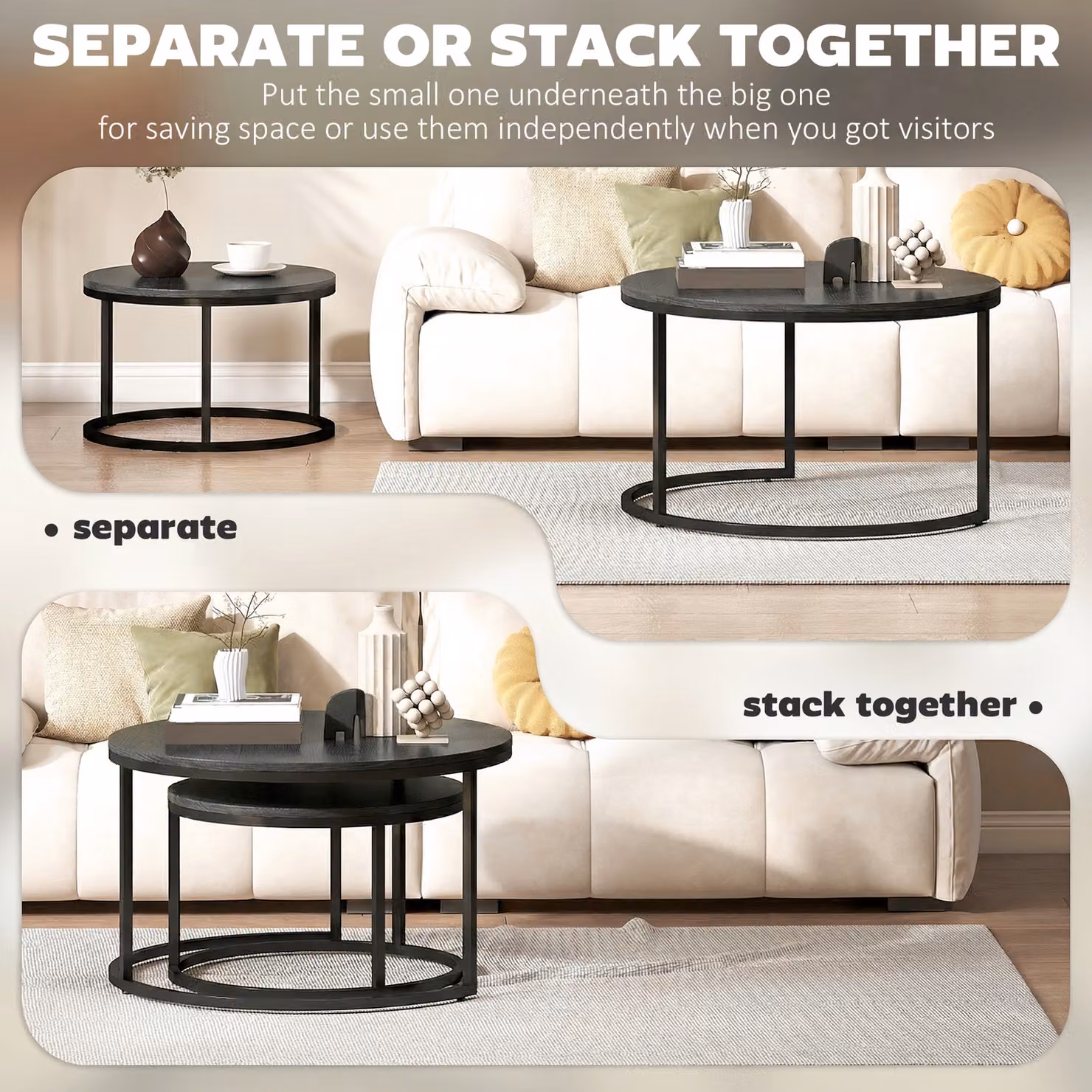HOMCOM Set of Two Round Wood-Effect Stacking Tables in Black Wood Grain with Sled Base – 5
