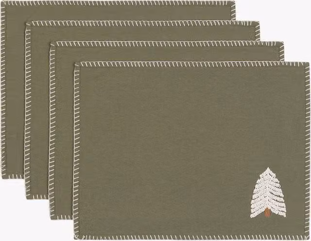 Perch & Parrow Nordic Woodland Tree Embroidered Rectangular Placemats, Set of 4, Green