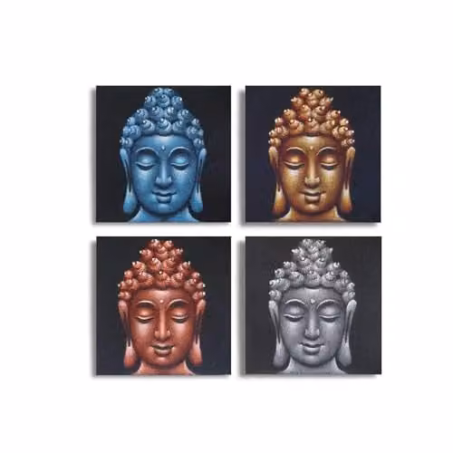 Serenityy Set of 4 Buddha Head Wall Art Paintings in Sand and Multicolour, W/H: 30 x 30 cm