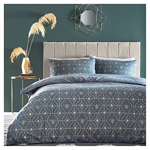 Furn Bee Deco Reversible Geometric Duvet Cover and Pillowcase Set in Blue – 1