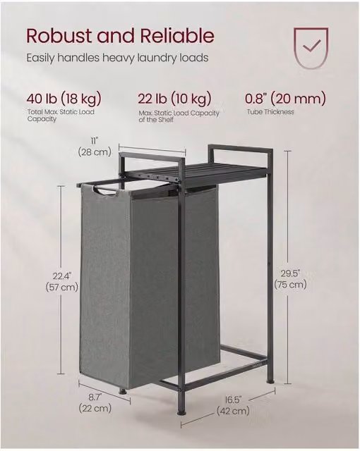 VASAGLE Laundry Basket with Shelf and Removable Fabric Liner, Grey