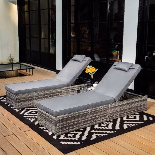 Furniture Maxi Vancouver Grey Polyrattan Sun Lounger Set with Weatherproof Cushions and Side Trays – 1