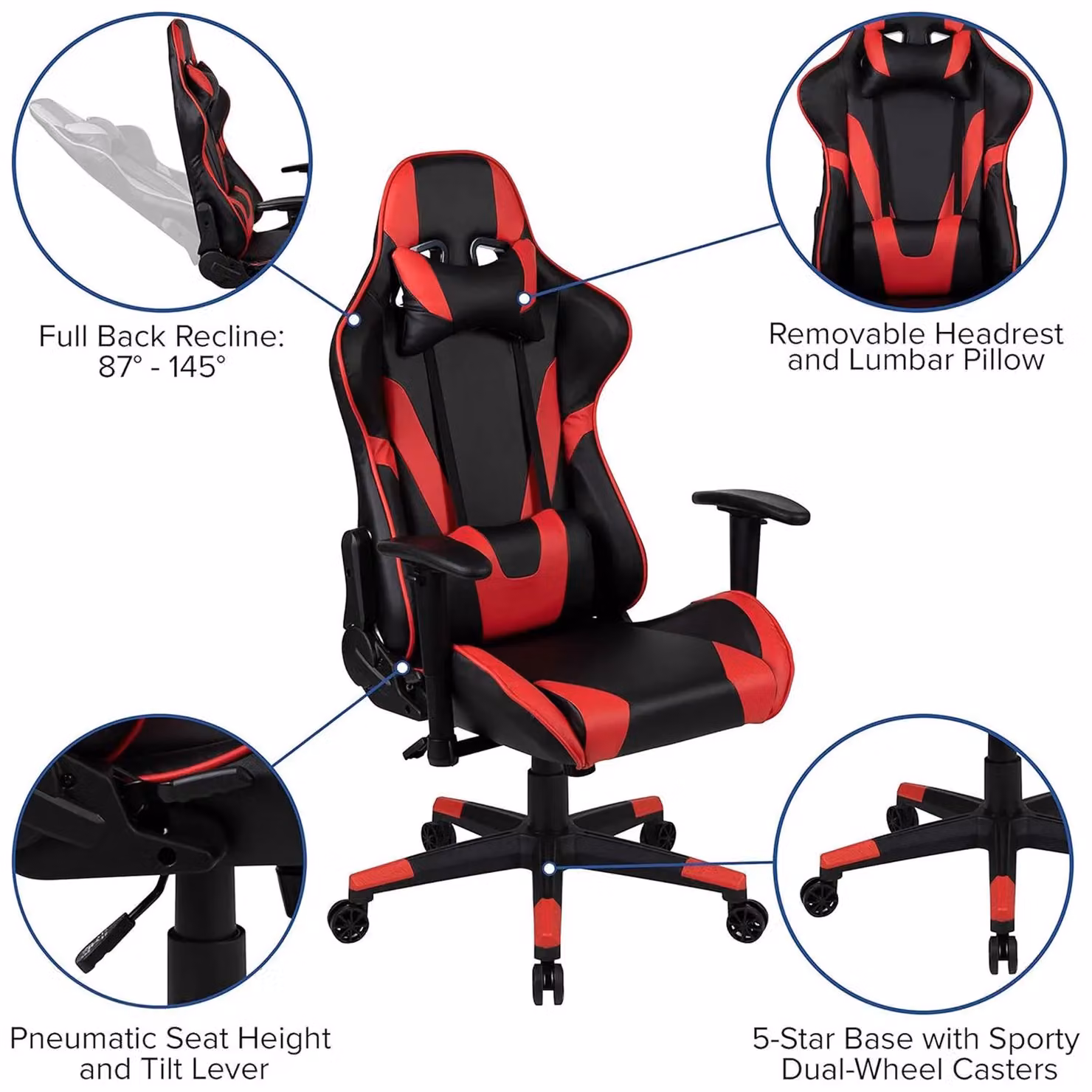FWStyle Black and Red Faux Leather Racer Gaming Chair with Headrest and Armrests – 2
