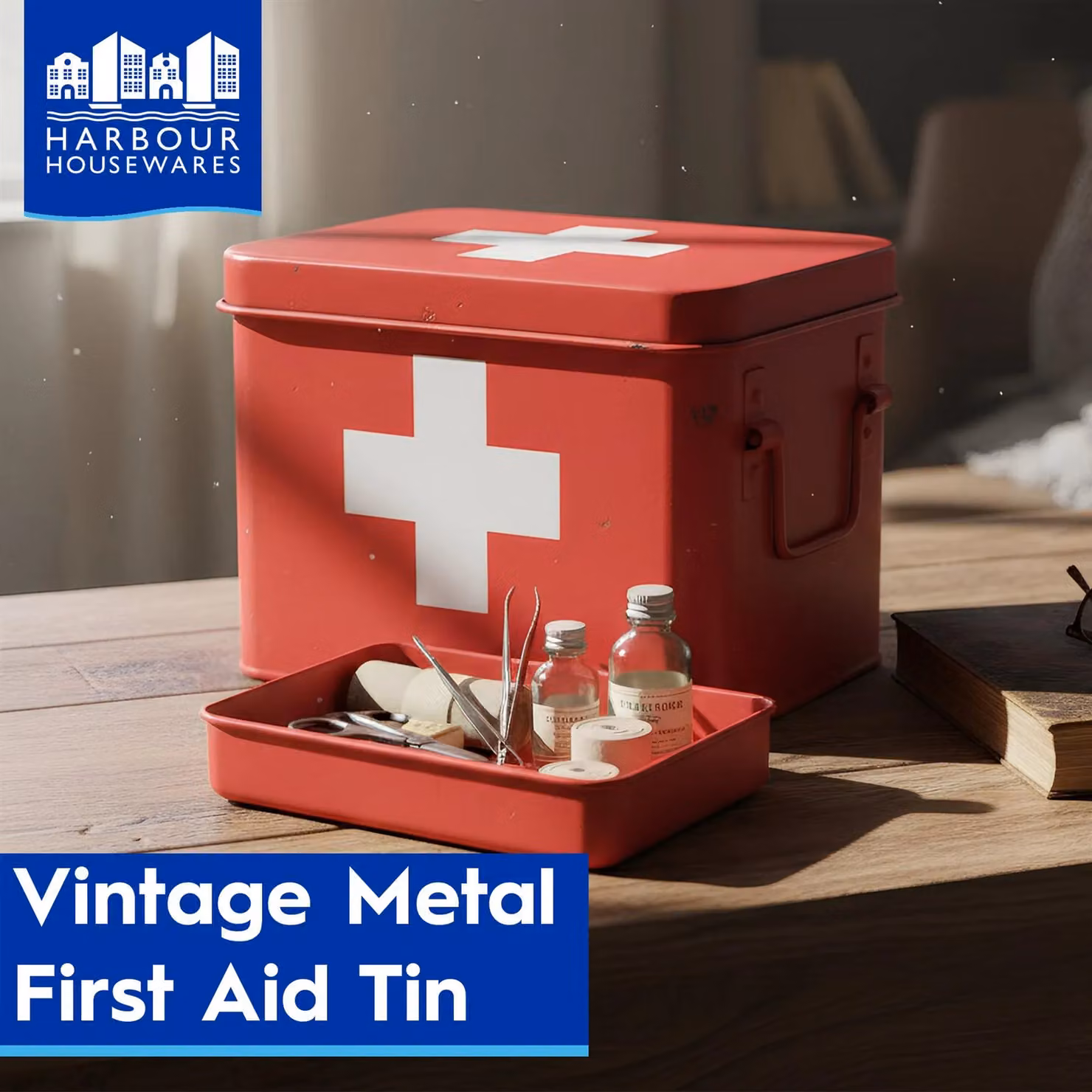 Harbour Housewares Vintage Metal First Aid Box in Red and White with Handles – 5