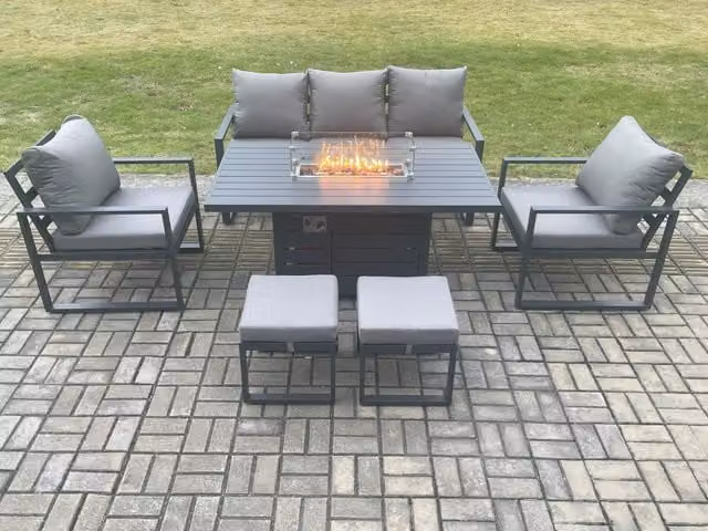 Fimous Aluminium Outdoor Garden Furniture Set with Gas Fire Pit Dining Table, 2 Armchairs and Small Footstools in Dark Grey