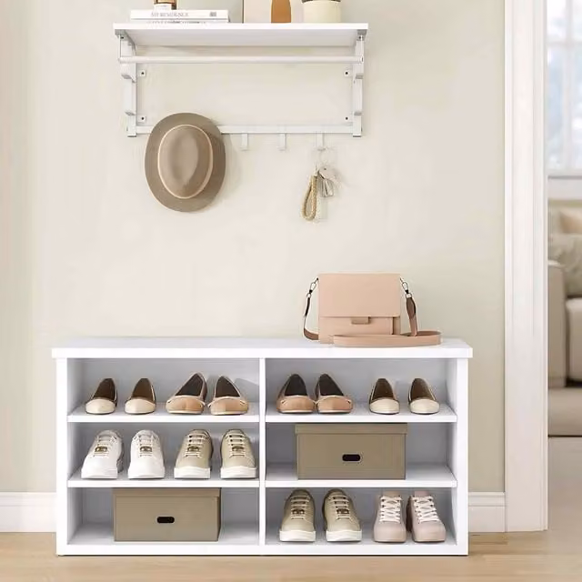 The Bazaarist Entryway Shoe Bench with 6 Storage Compartments and Adjustable Shelves in White
