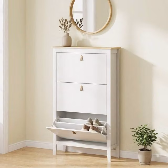 STILVORA White Matt Wall Mounted Shoe Cabinet with 3 Tilting Compartments – 1