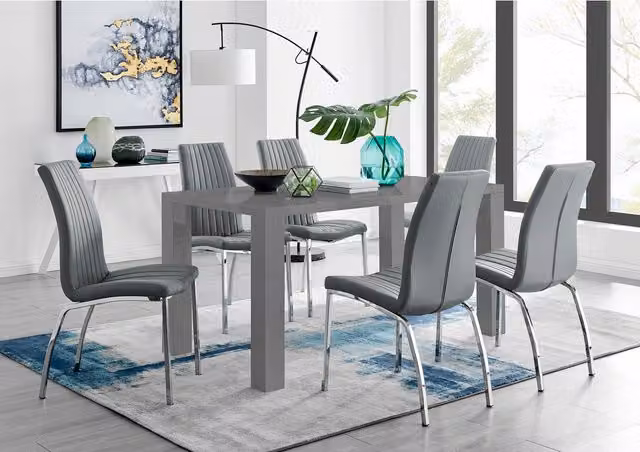FurnitureboxUK Pivero Grey High Gloss Rectangular Dining Table and 6 Isco Chairs