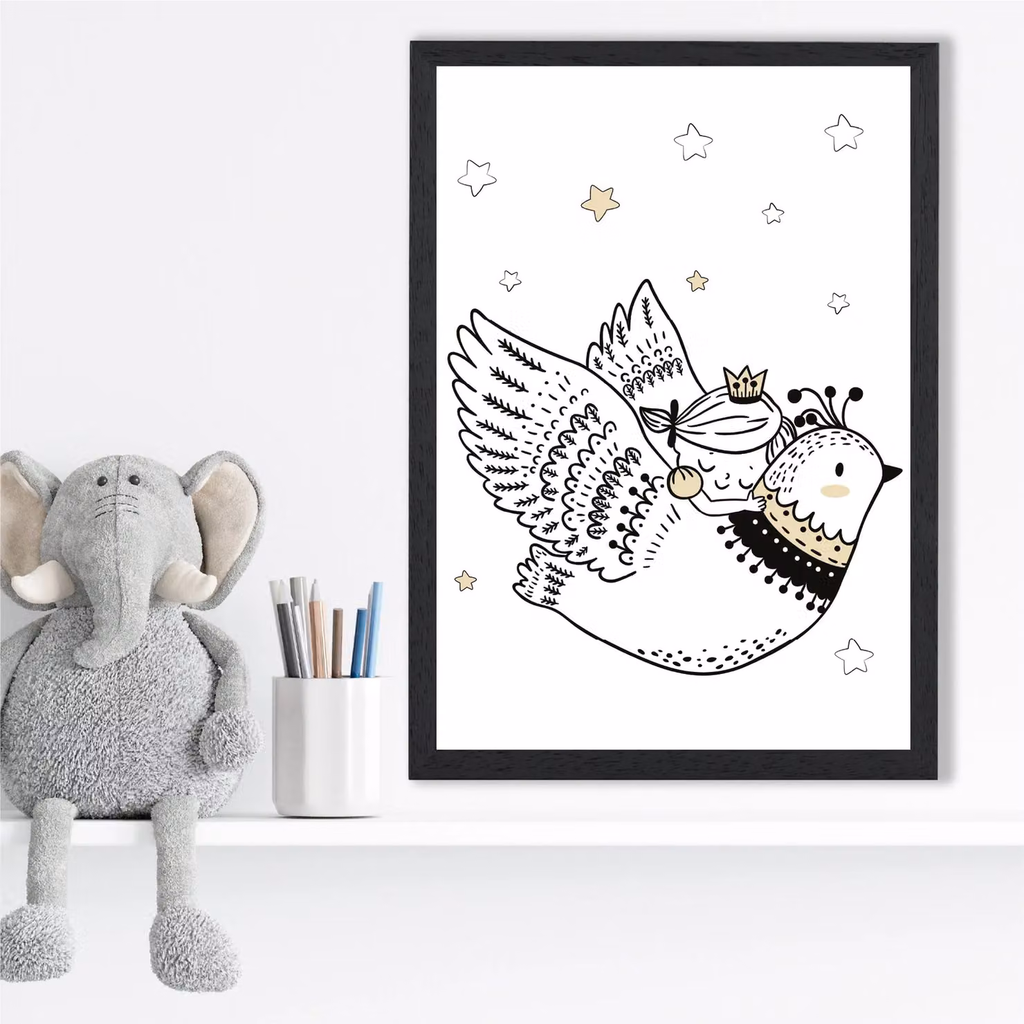 ARTZE Scandi Princess Little and Flying Bird Framed Print, Multicolour, A4, Black Frame – 2