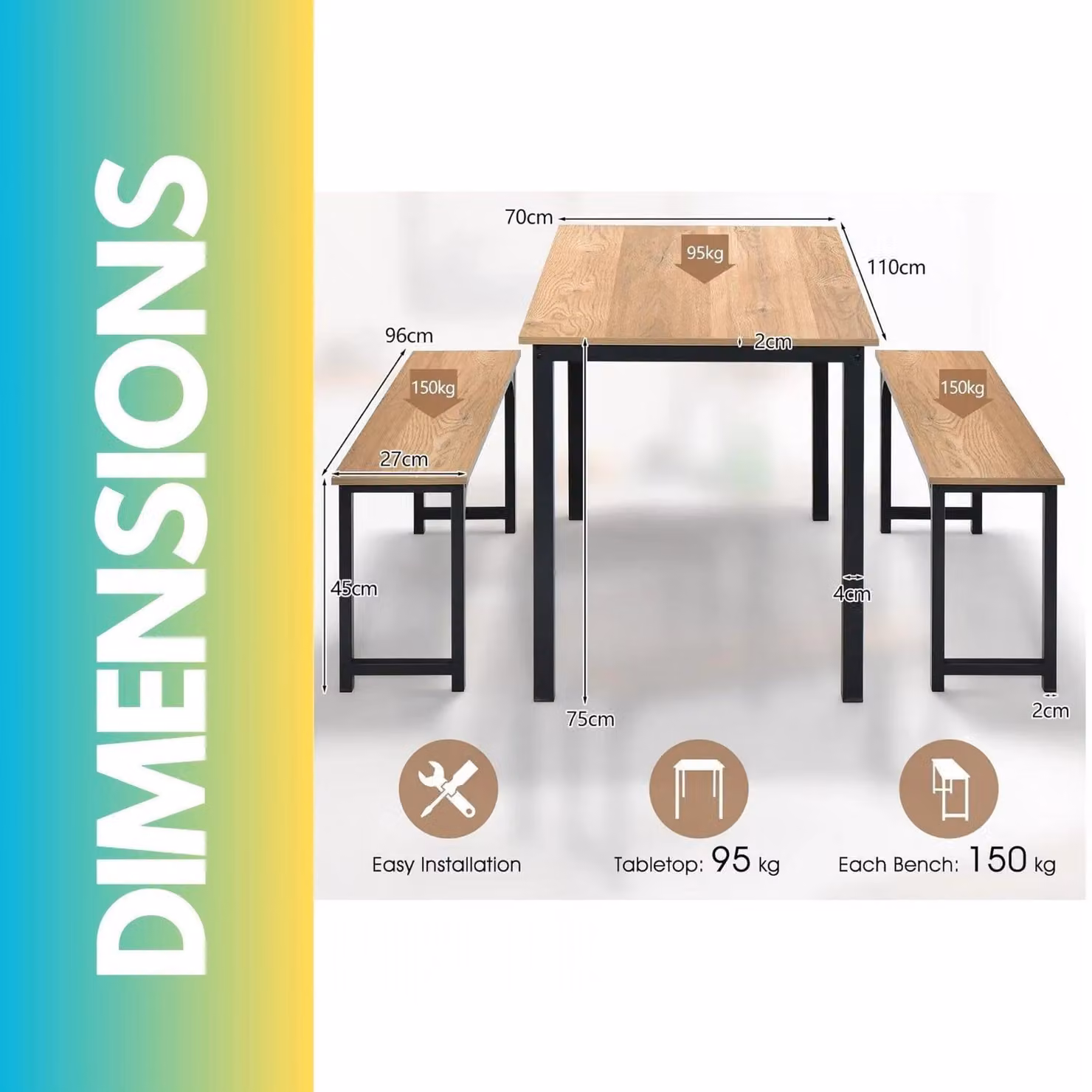 Pirlo Plush Industrial Dining Table and Bench Set in Brown and Black – 2