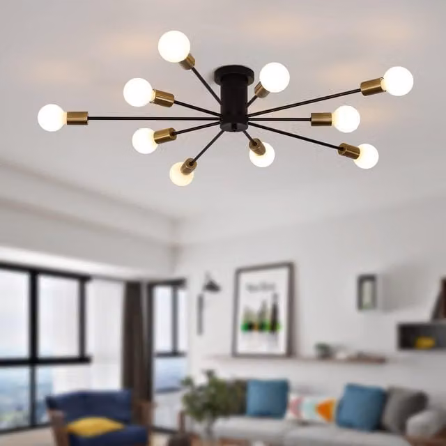 Garwarm Mid Century Sputnik Industrial Metal Ceiling Chandelier in Black and Gold/Brass