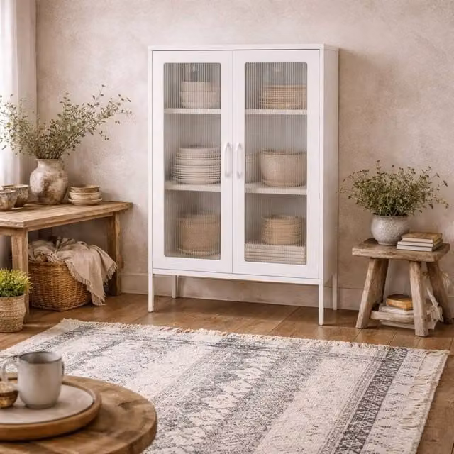 Wyld Haus Bramblewood White Matt Steel Cabinet with 2 Glass Doors and Internal Shelves