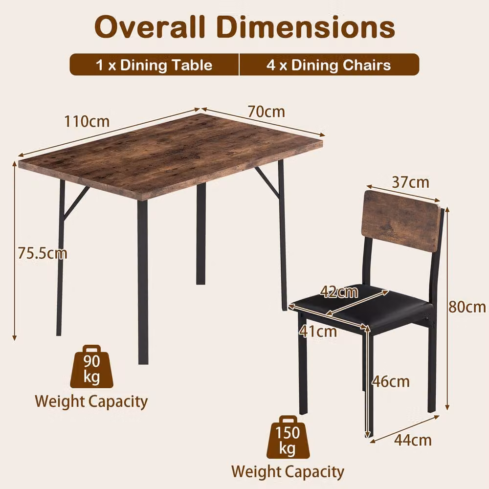 Costway Industrial 5-Piece Dining Set with Rectangular Table and 4 Upholstered Chairs in Brown – 2