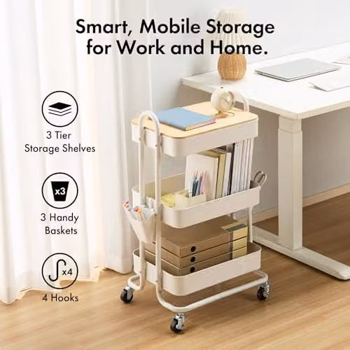 VonHaus 3 Tier White Storage Trolley with Bamboo Wood and Metal Construction, W/D/H: 79.5 x 36.0 x 46.0 cm – 2