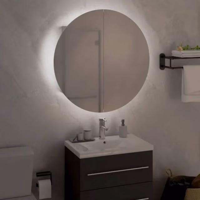 Berkfield Home Beautiful White Bathroom Cabinet with Round LED Mirror, W/D/H: 47 x 47 x 17.5 cm
