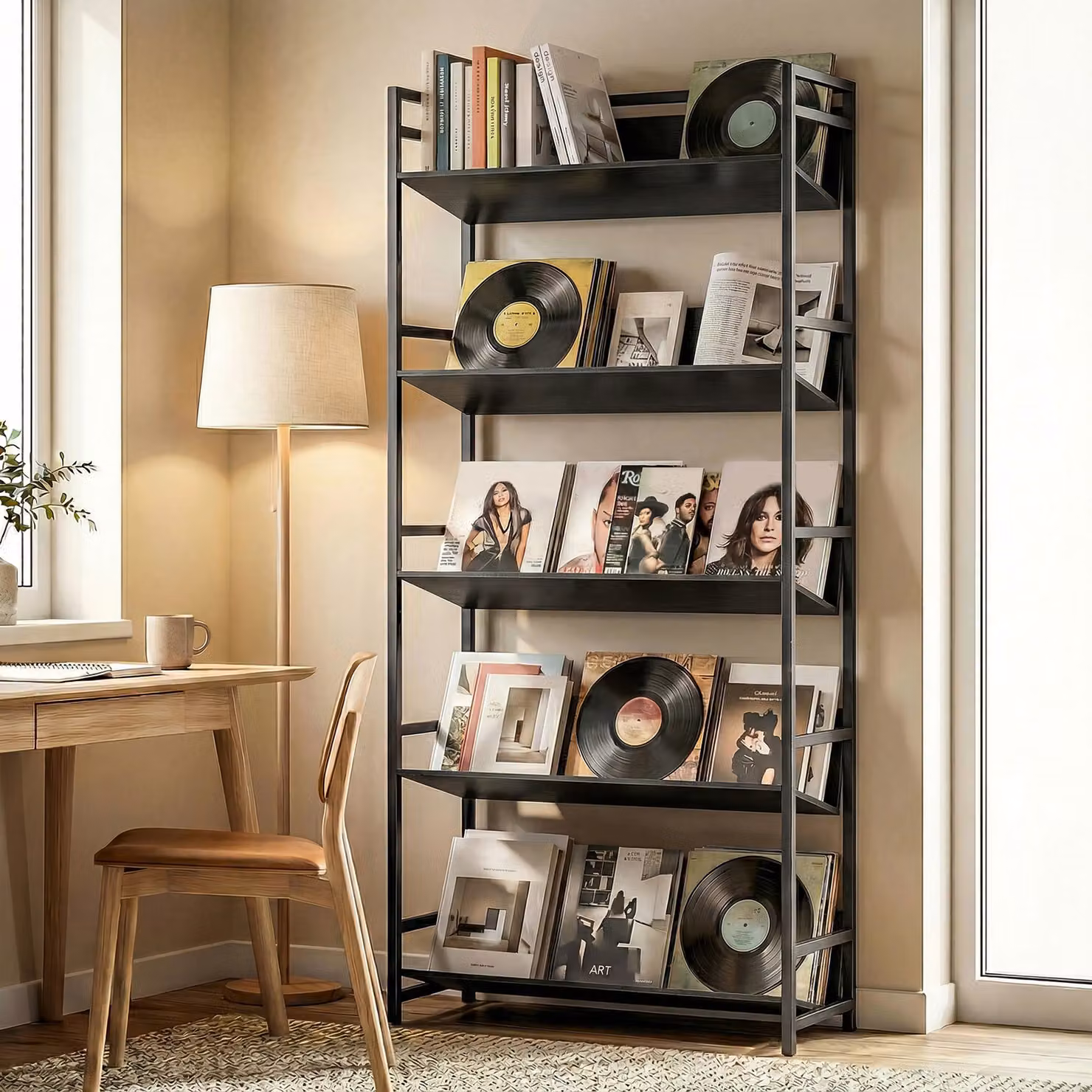 HOMCOM 5-Tier Industrial Metal Frame Bookshelf and Room Divider in Black – 2