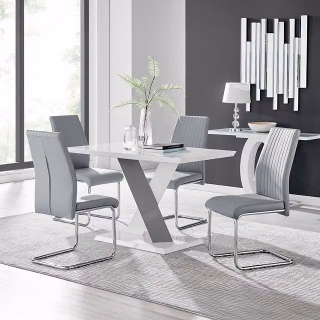 FurnitureboxUK Monza White High Gloss Rectangular Dining Table with 4 Grey Lorenzo Chairs