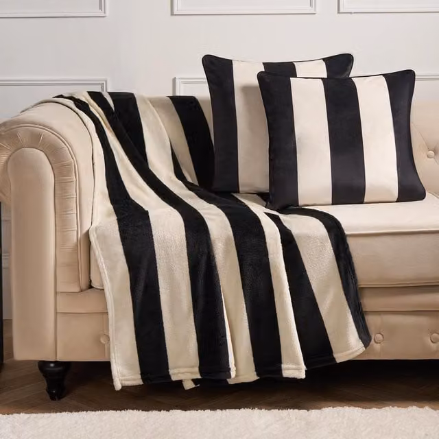 OHS Ultra Soft Striped Print Throw in Black and White