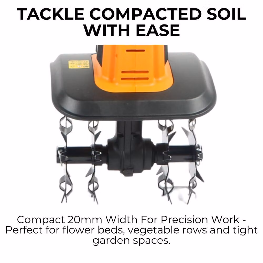 Lazy Tools Cordless 20V Soil Tiller Cultivator in Orange with 4.0Ah Rechargeable Battery and Charger – 3