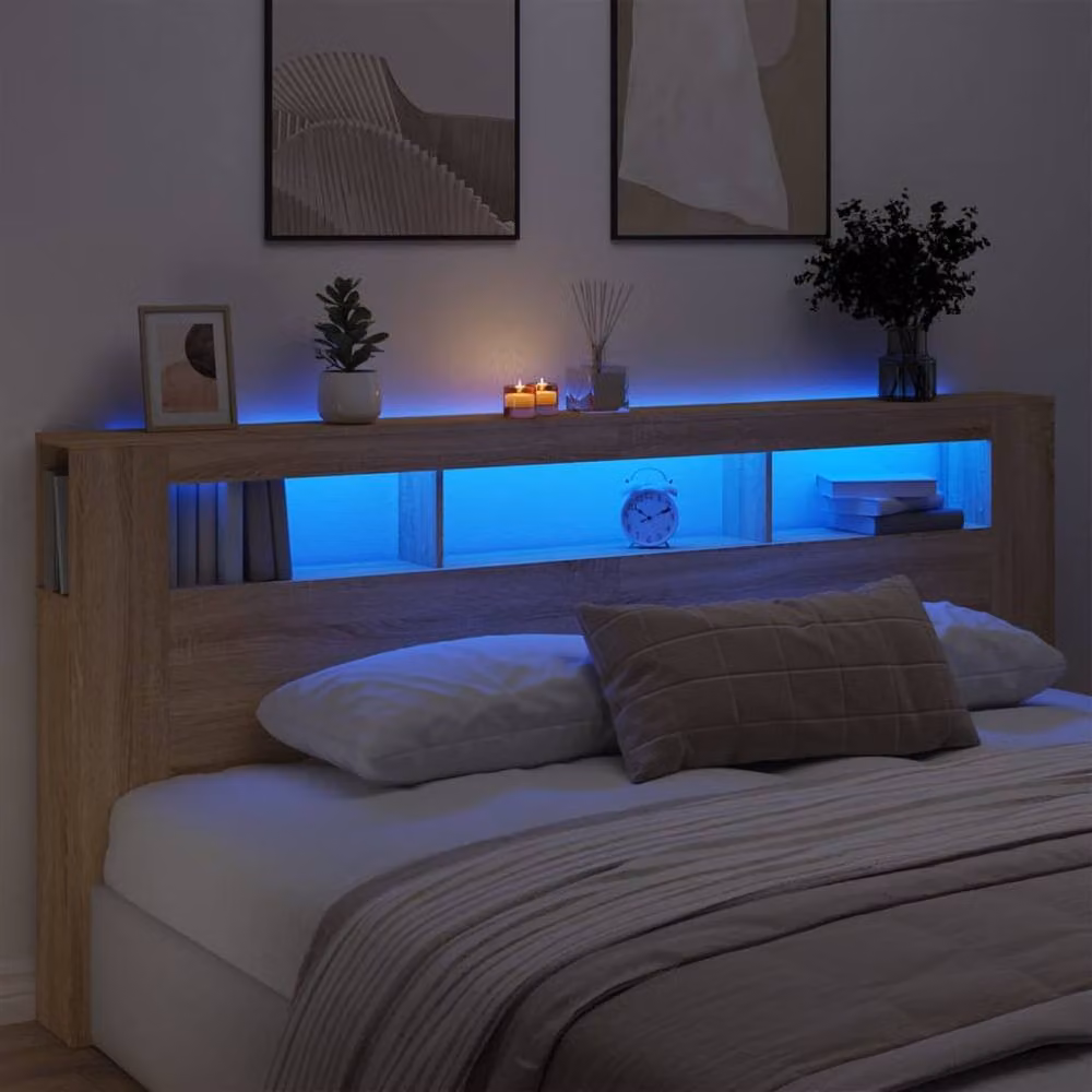 Berkfield Home Sonoma Oak LED Headboard with Side Compartments and Bedside Shelf, Brown, W: 220 cm, D: 18.5 cm, H: 103.5 cm – 2