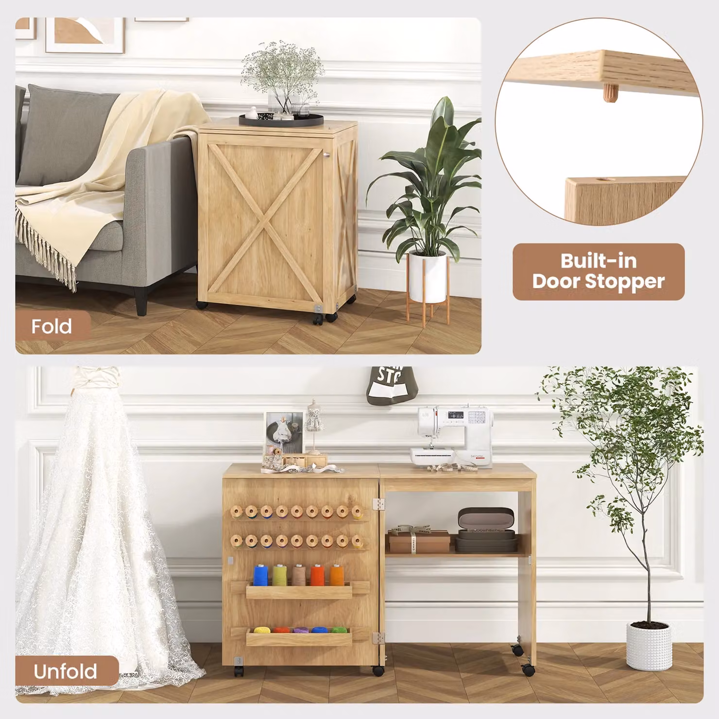 Gymax Folding Sewing Table and Cabinet with 18 Pegs, Storage Trays and Barn-door in Natural Brown – 2