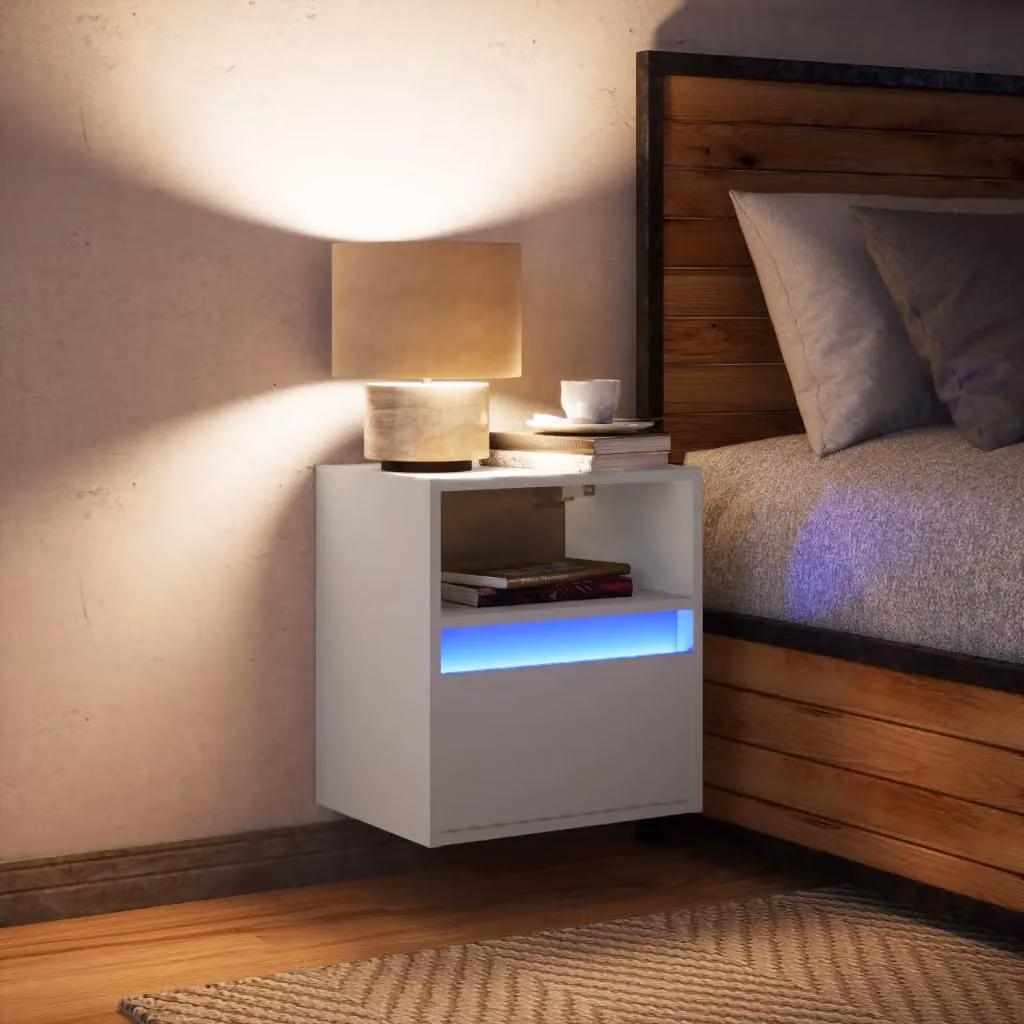 Berkfield Home Wall-mounted Bedside Cabinet with Integrated LED Lights in White Glossy Finish – 2