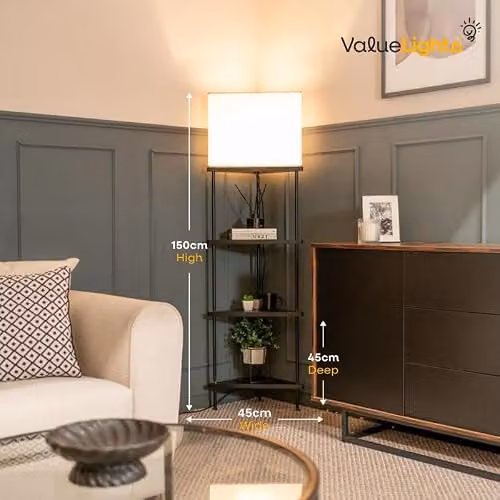 ValueLights Black Wooden 3 Tier Corner Floor Lamp with Grey Fabric Shade and 4W LED E27 Warm White Bulb – 2